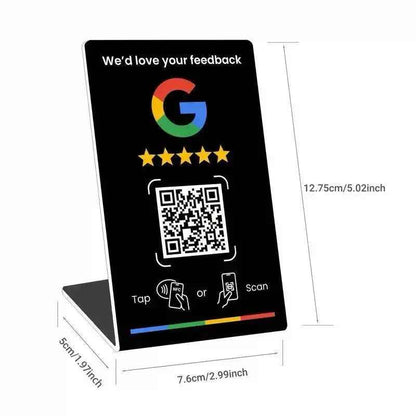 Google feedback sign with QR code and NFC tap option, black stand with dimensions shown