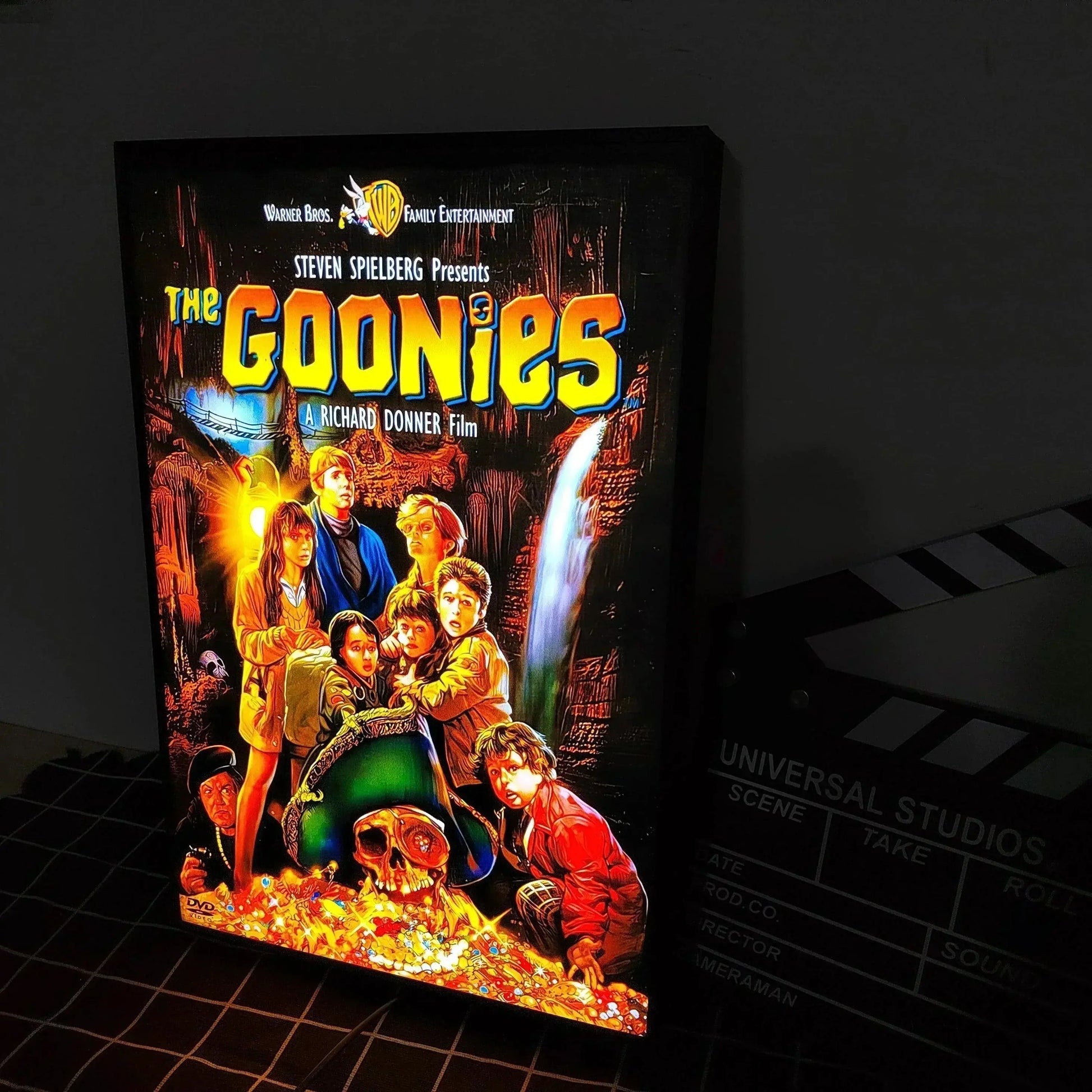 Lighted poster of 'The Goonies' movie with colorful text and characters 3d printed lightbox movie poster