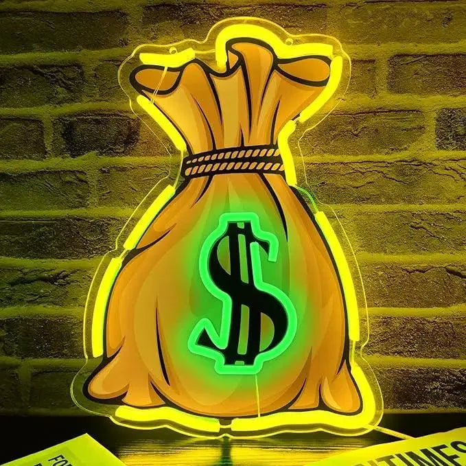 Money bag neon sign for wall decoration, money LED neon dollar money neon for playroom bedroom birthday gifts FYLZGO Signs