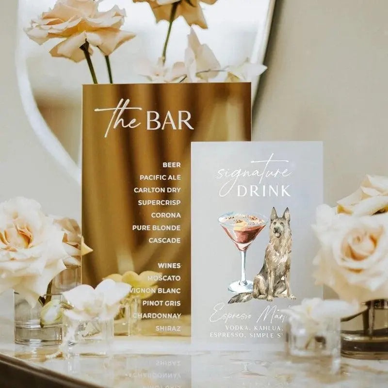 Signature Drink Dog Sign,Wedding Bar Sign,Wedding Bar Menu with Pet,Pet Signature Cocktails,Gold Mirror Bar Sign,Wedding Sign FYLZGO Signs