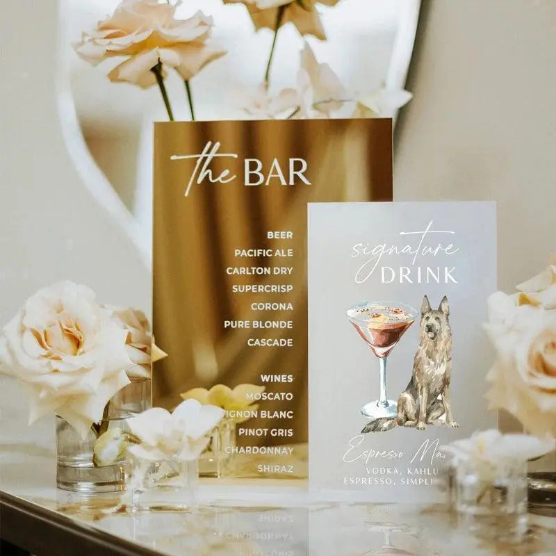 Signature Drink Dog Sign,Wedding Bar Sign,Wedding Bar Menu with Pet,Pet Signature Cocktails,Gold Mirror Bar Sign,Wedding Sign FYLZGO Signs