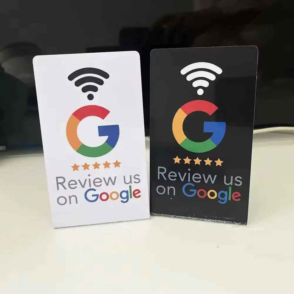 White and black Google review cards with Wi-Fi icon and 5 stars for customer feedback