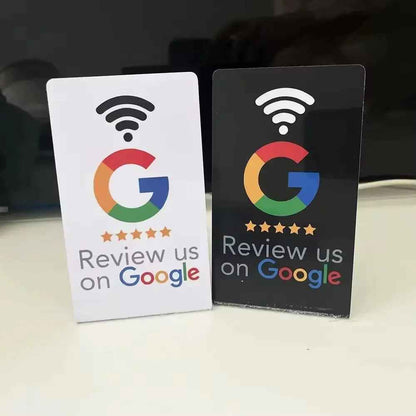 White and black Google review cards with Wi-Fi icon and 5 stars for customer feedback