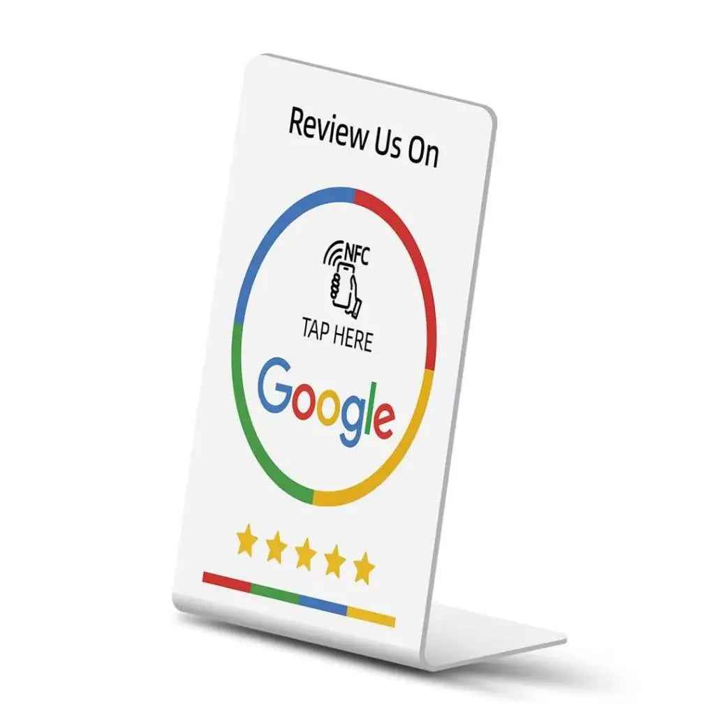 NFC Google review card with tap-to-rate prompt and five stars