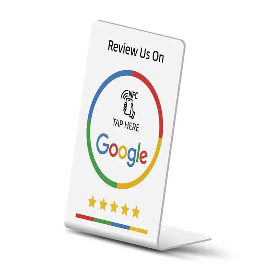 NFC Google review card with tap-to-rate prompt and five stars