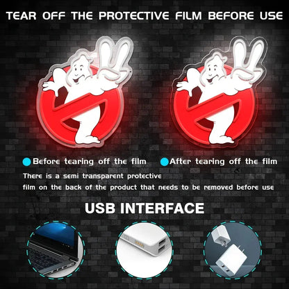 1Pc Ghostbusters Neon, USB powered plastic wall mount with push button control, multi-purpose Art Deco, suitable for home bars, men's caves, shops and restaurants FYLZGO Signs