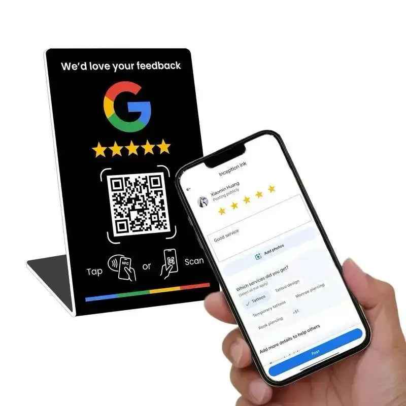 Google review QR code stand with NFC tap & scan options for customer feedback on phone
