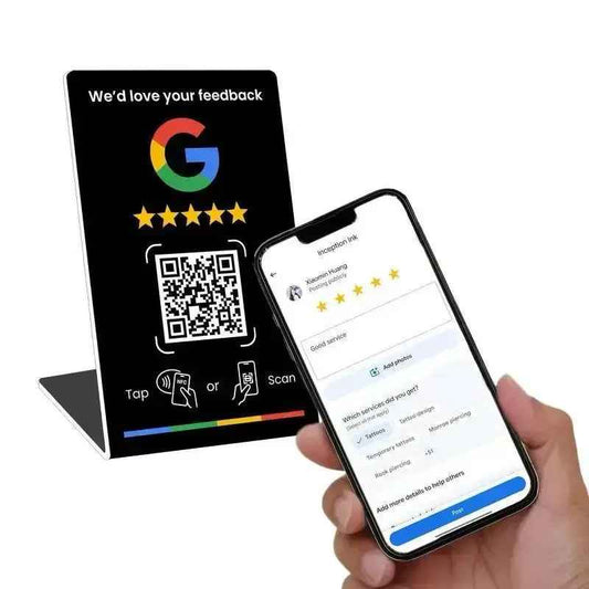 Google review QR code stand with NFC tap & scan options for customer feedback on phone