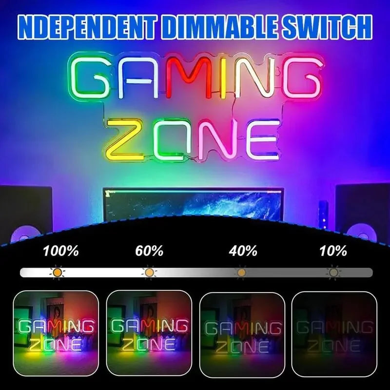 Colorful 'GAMING ZONE' neon sign with dimmable brightness levels for arcade or game room decor