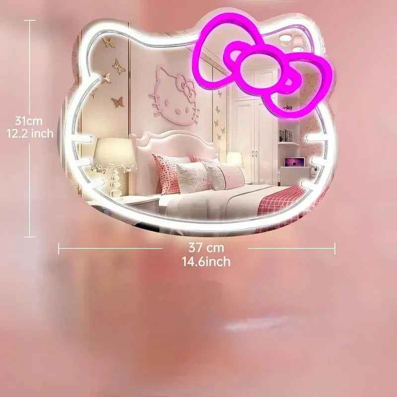 Hello Kitty LED mirror with pink bow, 37cm wide, perfect for bedroom decor and vanity lighting