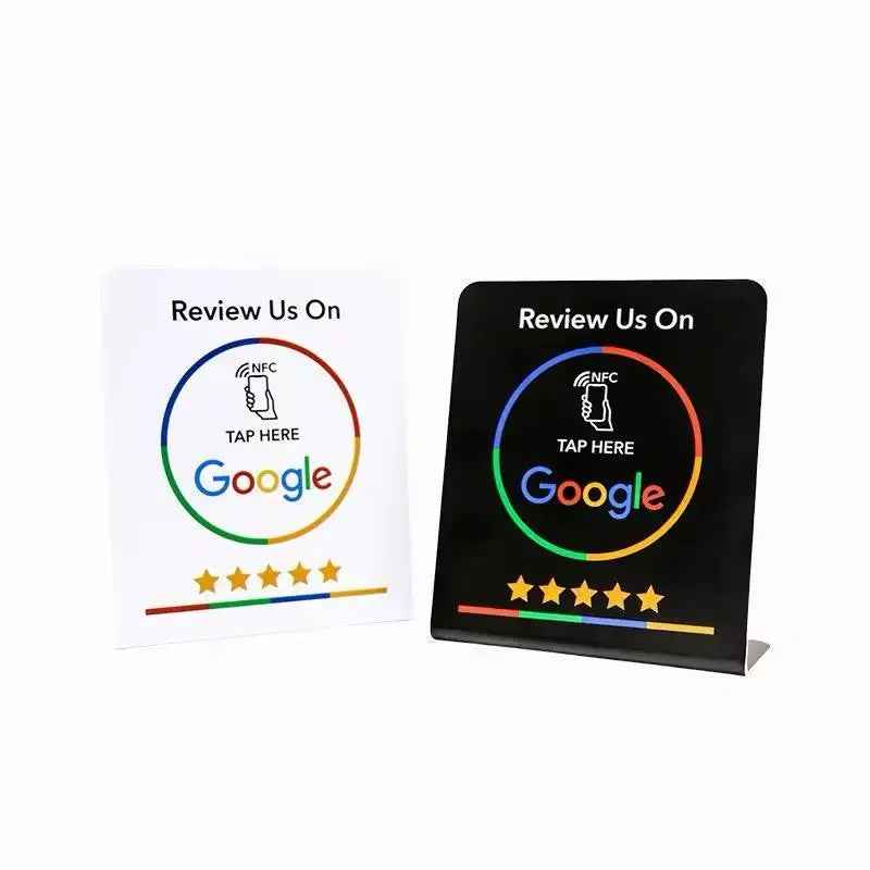 NFC Google review signs, tap to rate with 5 stars, white and black display stands