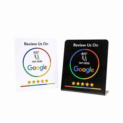 NFC Google review signs, tap to rate with 5 stars, white and black display stands