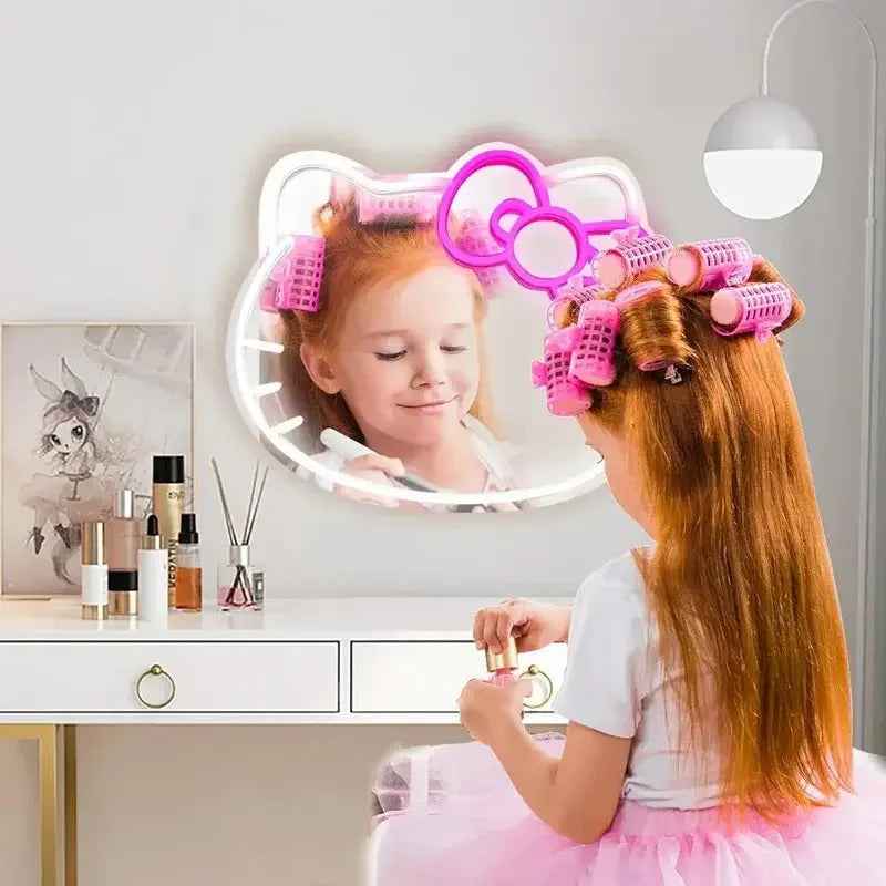 Girl styling hair with pink rollers, reflected in Hello Kitty mirror on vanity