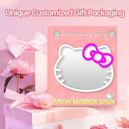 Hello Kitty neon mirror sign with pink bow, customized gift packaging