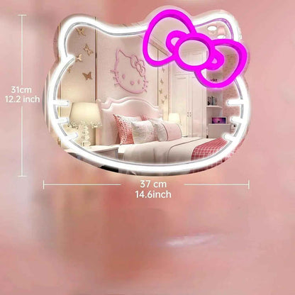 Hello Kitty LED mirror with pink neon bow, 37cm x 31cm, for bedroom decor