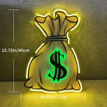 Glowing neon money bag sign with dollar symbol, custom arcade topper, 15.75in tall