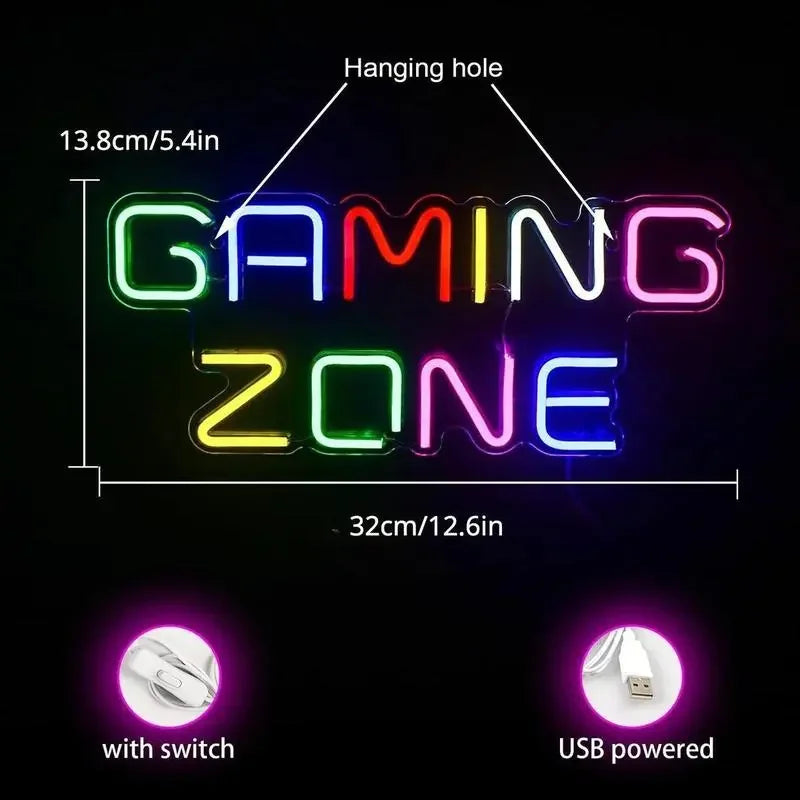 Colorful 'GAMING ZONE' neon sign with USB power and switch, ideal for arcade or game room decor.
