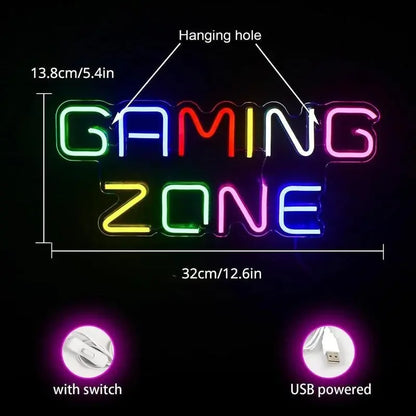 Colorful 'GAMING ZONE' neon sign with USB power and switch, ideal for arcade or game room decor.