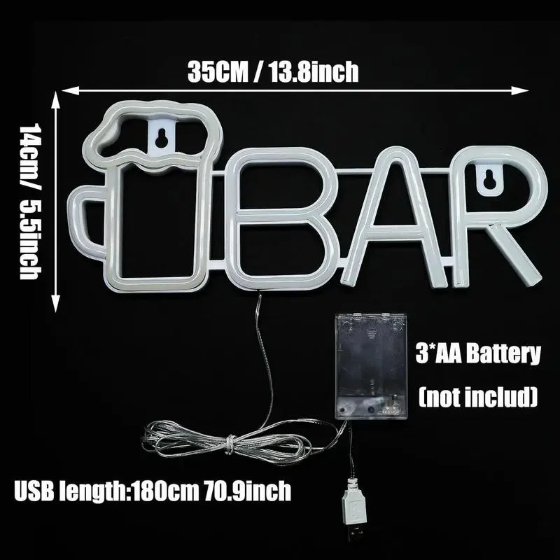 Neon 'BAR' sign with beer mug, 35cm wide, USB powered, battery optional, arcade topper decor