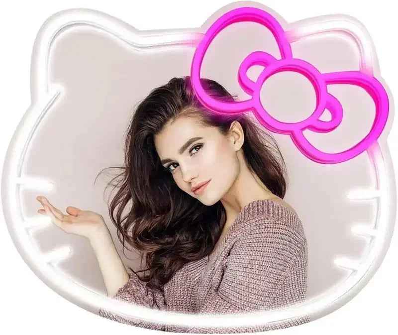 Hello Kitty neon sign with pink bow, glowing LED wall art for arcade or pinball topper decor