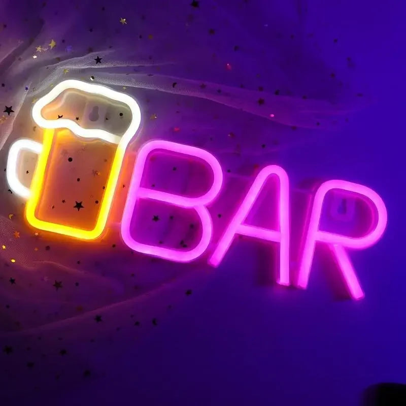 Neon BAR sign with beer mug, glowing pink and yellow, perfect for bar decor or arcade topper