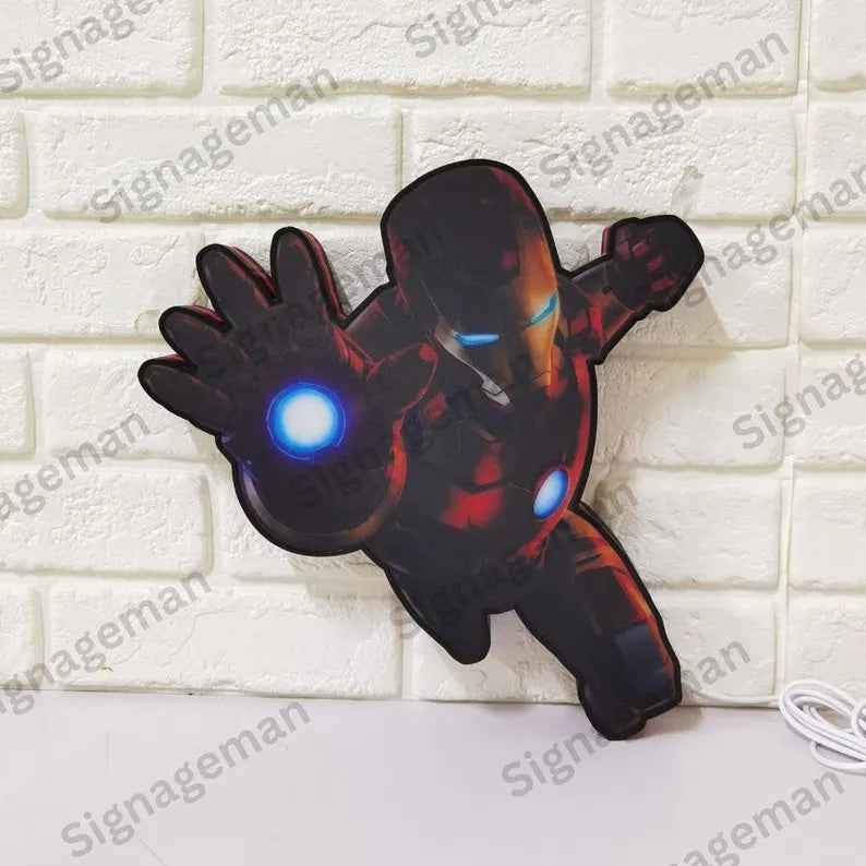 Iron Man LED Light Box Sign | 3D Printed Marvel Superhero Wall Decor | Kids Bedroom Night Light | Comic Fan Gift | 4 Sizes | USB Powered