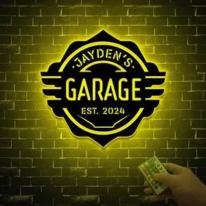 Custom Garage Sign with Led Light, Metal Garage Decor, Garage Gifts for Dad, Garage Name Sign, Workshop Wall Art, Personalized Garage Sign FYLZGO Signs