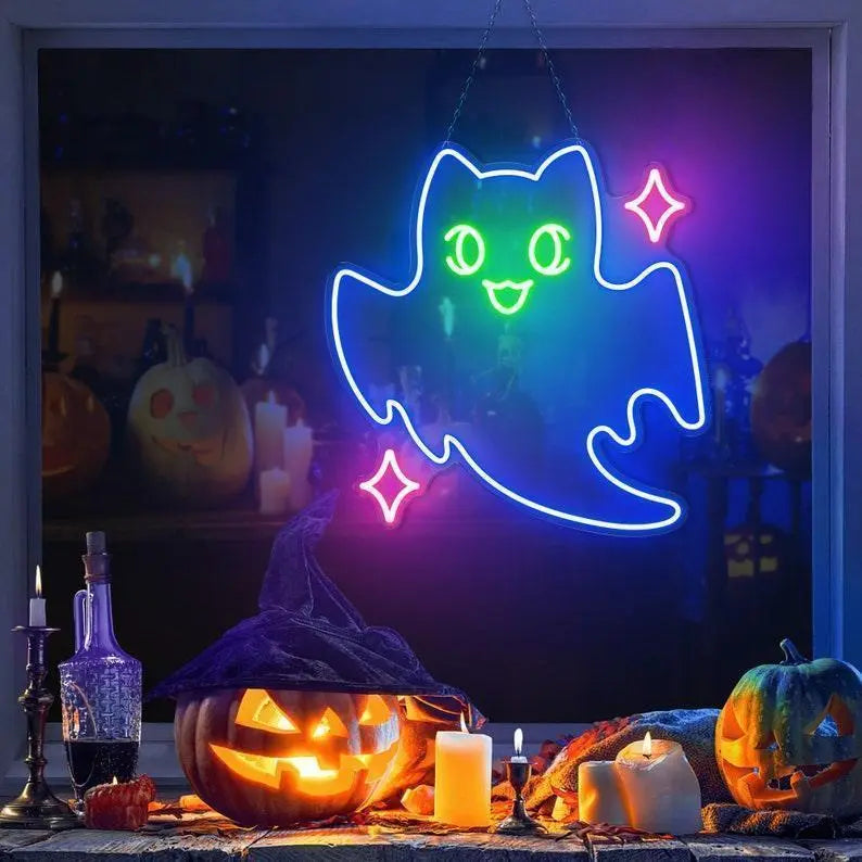Ghost cat Neon sign, Boo Neon Sign, Ghost Neon, Cute Animal neon sign, Halloween neon sign, Spooky Led Light, Funny Ghost, Custom Neon Sign FYLZGO Signs