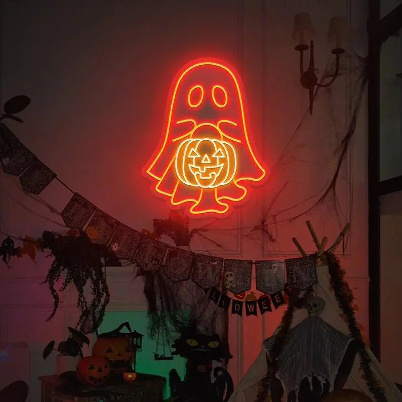 Ghost with Pumpkin Neon Sign/ Little Ghost Pumpkin Neon Sign/ Halloween Party Light Up/ Halloween Ghost Trick Or Treat/ Pumpkin Lover LED FYLZGO Signs