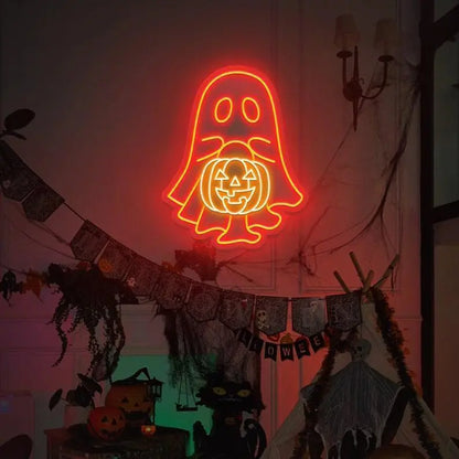 Ghost with Pumpkin Neon Sign/ Little Ghost Pumpkin Neon Sign/ Halloween Party Light Up/ Halloween Ghost Trick Or Treat/ Pumpkin Lover LED FYLZGO Signs