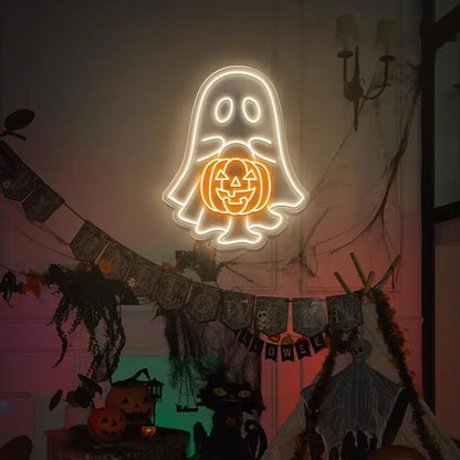 Ghost with Pumpkin Neon Sign/ Little Ghost Pumpkin Neon Sign/ Halloween Party Light Up/ Halloween Ghost Trick Or Treat/ Pumpkin Lover LED FYLZGO Signs