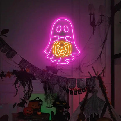 Ghost with Pumpkin Neon Sign/ Little Ghost Pumpkin Neon Sign/ Halloween Party Light Up/ Halloween Ghost Trick Or Treat/ Pumpkin Lover LED FYLZGO Signs