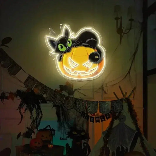 Halloween Pumpkin Neon Sign/Halloween Pumpkin Cat UV-Printed Neon Sign/Halloween Cat Neon Sign/Halloween Party Decor/Gift for Kids FYLZGO Signs