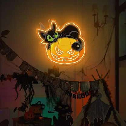 Halloween Pumpkin Neon Sign/Halloween Pumpkin Cat UV-Printed Neon Sign/Halloween Cat Neon Sign/Halloween Party Decor/Gift for Kids FYLZGO Signs