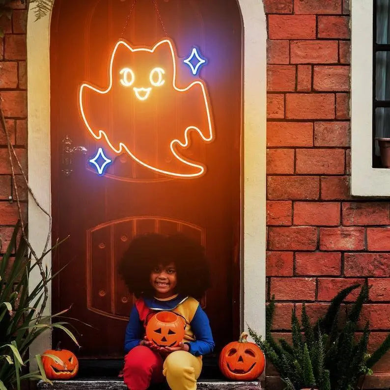 Ghost cat Neon sign, Boo Neon Sign, Ghost Neon, Cute Animal neon sign, Halloween neon sign, Spooky Led Light, Funny Ghost, Custom Neon Sign FYLZGO Signs