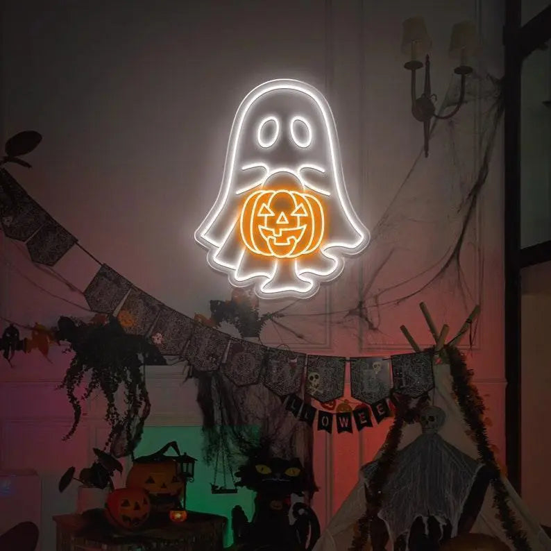 Ghost with Pumpkin Neon Sign/ Little Ghost Pumpkin Neon Sign/ Halloween Party Light Up/ Halloween Ghost Trick Or Treat/ Pumpkin Lover LED FYLZGO Signs