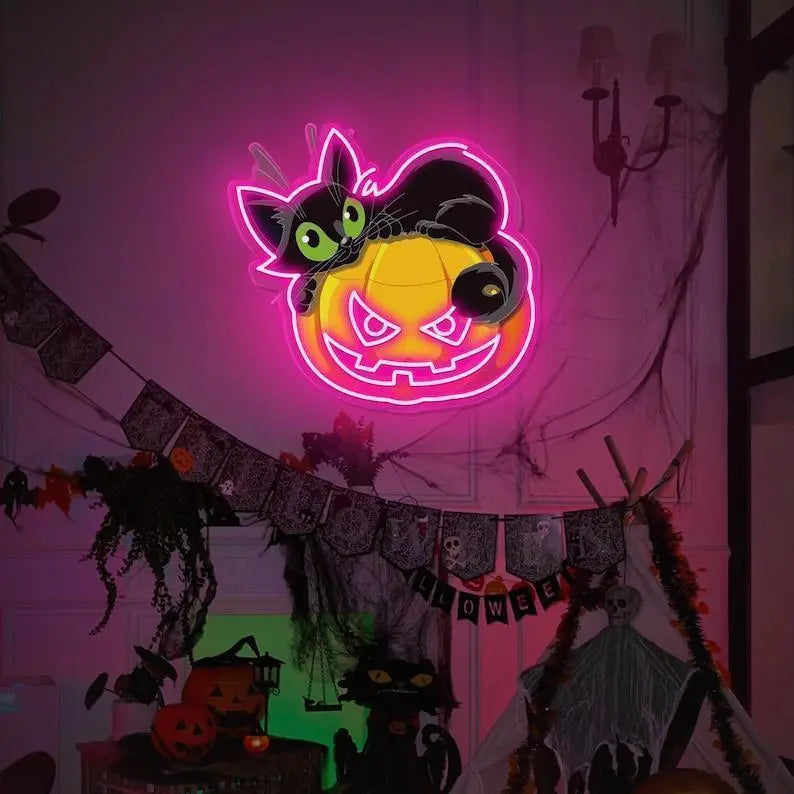 Halloween Pumpkin Neon Sign/Halloween Pumpkin Cat UV-Printed Neon Sign/Halloween Cat Neon Sign/Halloween Party Decor/Gift for Kids FYLZGO Signs