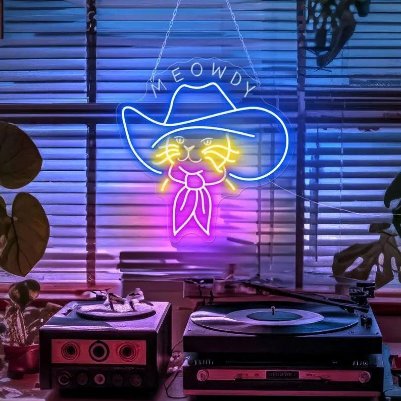 Cowboy Cat Neon Sign, Meowdy Neon Sign, Cat Lover Gift, KidRoom Decor, Funny Cat Light Sign, Cute Cat Neon Sign Lights, Cat Led Sign FYLZGO Signs
