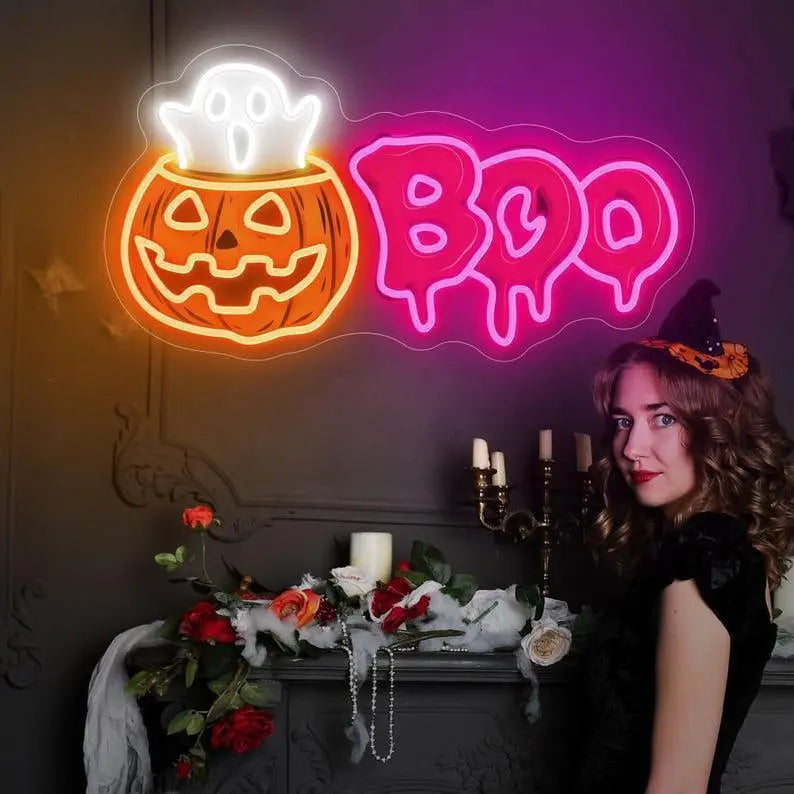 Custom Halloween Neon Sign, Pumpkin Ghost Boo Neon Sign, Halloween Gift for Kid, Halloween Party Decor Led Lights, Kids Room Neon Light Sign FYLZGO Signs
