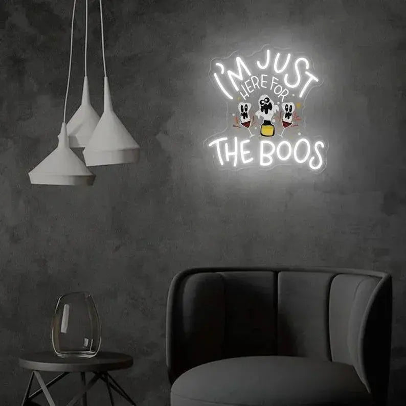 Here for the Boos Neon Sign, Cute Ghost & Wine Neon Sign, Funny Bedroom Decor, Halloween Party Decor, Spooky Vibe Wall Art, Boo Halloween FYLZGO Signs