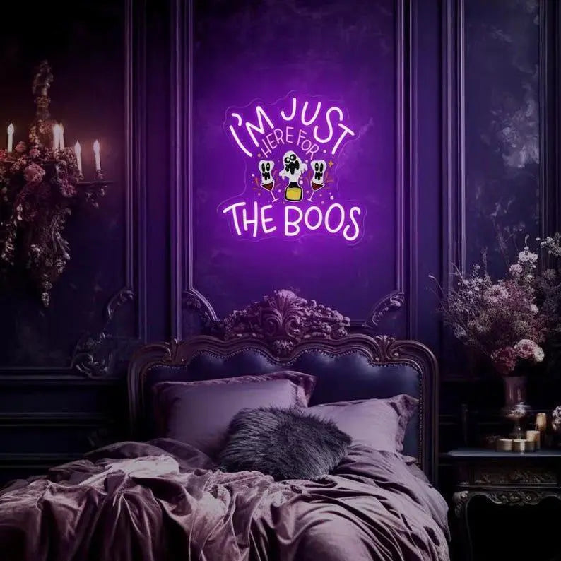 Here for the Boos Neon Sign, Cute Ghost & Wine Neon Sign, Funny Bedroom Decor, Halloween Party Decor, Spooky Vibe Wall Art, Boo Halloween FYLZGO Signs