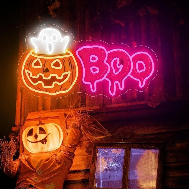 Custom Halloween Neon Sign, Pumpkin Ghost Boo Neon Sign, Halloween Gift for Kid, Halloween Party Decor Led Lights, Kids Room Neon Light Sign FYLZGO Signs
