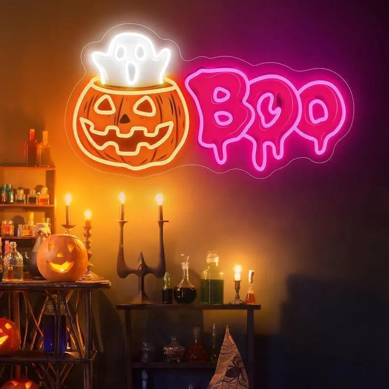 Custom Halloween Neon Sign, Pumpkin Ghost Boo Neon Sign, Halloween Gift for Kid, Halloween Party Decor Led Lights, Kids Room Neon Light Sign FYLZGO Signs