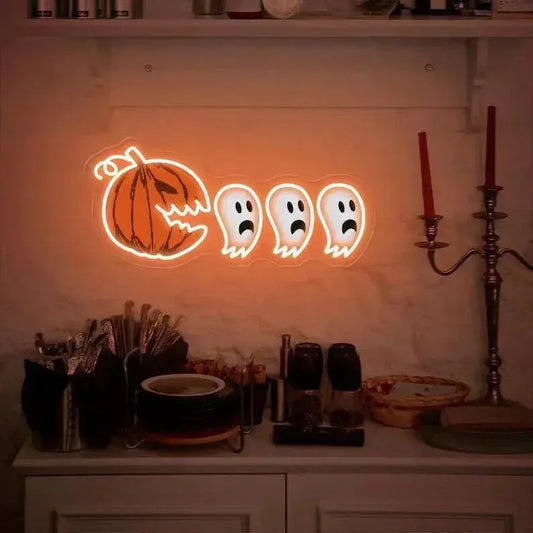 Halloween Ghost Neon Sign, Spooky Vibes Sign, Funny Halloween Home Decor, Halloween Party Light, Pumpkin Ghost Halloween LED, Halloween Gift FYLZGO Signs