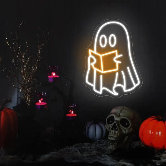 Ghosts Reading Neon Sign,Spooky Halloween Ghost Sign, Funny Ghosts Neon Sign,Halloween Wall Decor, Halloween Party Decor, Book Lover Gift FYLZGO Signs
