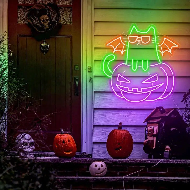 Pumpkin Cat Neon Sign, Cat Led Lights, Halloween Cat Neon LED, Cat Light Sign Wall Decor, Pumpkin LED Sign Bedroom, Halloween Decor - T3165 FYLZGO Signs