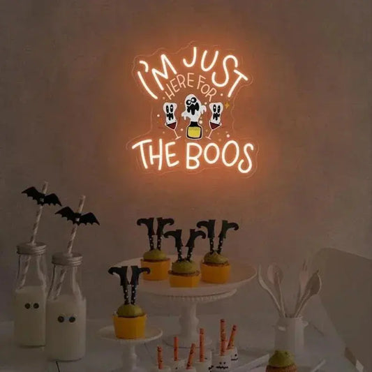 Here for the Boos Neon Sign, Cute Ghost & Wine Neon Sign, Funny Bedroom Decor, Halloween Party Decor, Spooky Vibe Wall Art, Boo Halloween FYLZGO Signs