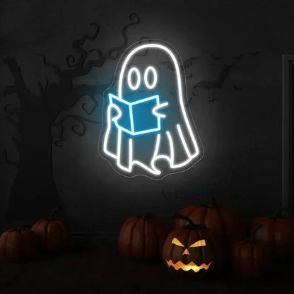 Ghosts Reading Neon Sign,Spooky Halloween Ghost Sign, Funny Ghosts Neon Sign,Halloween Wall Decor, Halloween Party Decor, Book Lover Gift FYLZGO Signs