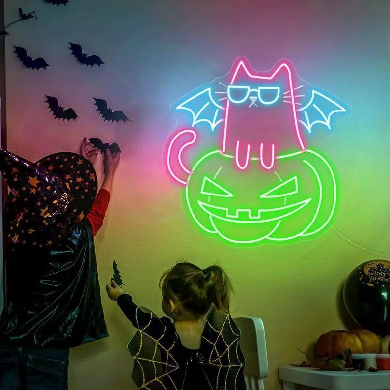 Pumpkin Cat Neon Sign, Cat Led Lights, Halloween Cat Neon LED, Cat Light Sign Wall Decor, Pumpkin LED Sign Bedroom, Halloween Decor - T3165 FYLZGO Signs
