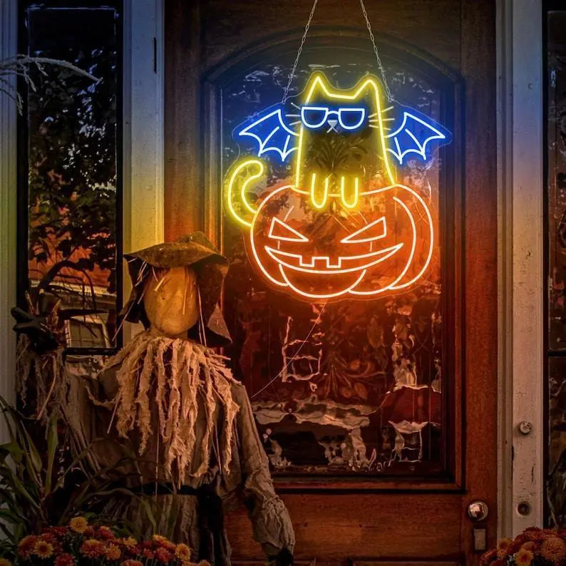 Pumpkin Cat Neon Sign, Cat Led Lights, Halloween Cat Neon LED, Cat Light Sign Wall Decor, Pumpkin LED Sign Bedroom, Halloween Decor - T3165 FYLZGO Signs